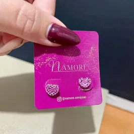 Brinco Coração Rosa Prata