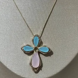 Colar com Cruz Pedra Rosa e Azul