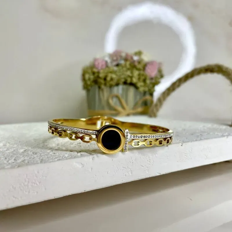 Bracelete Aço Inox Gold Cristal e Preto