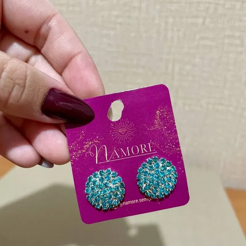 Brinco Strass Azuis Redondo