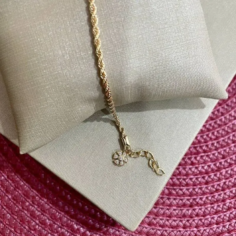 Pulseira Cordão Baiano com Flor Cravejada na Ponta