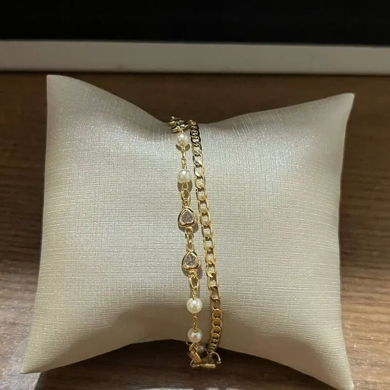Pulseira Dupla Pérolas e Lisa