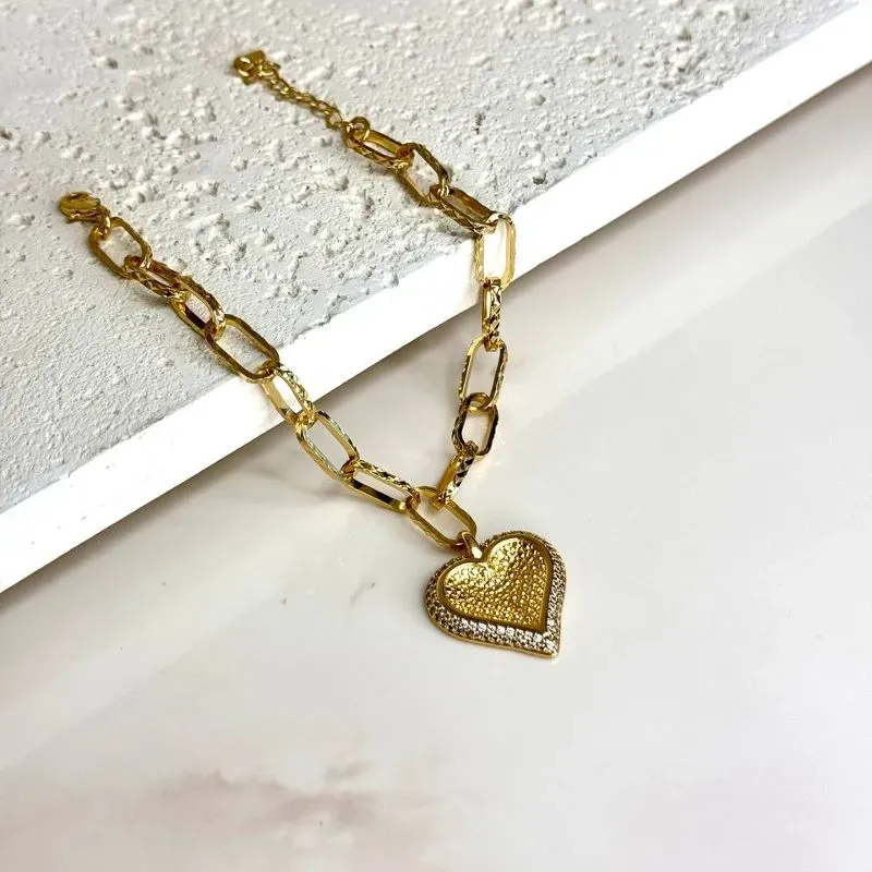 Pulseira Elos Largos com Coração Cravejado