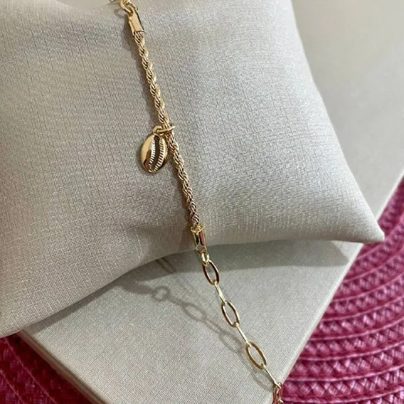 Pulseira Meia Cordão Baiano Meia Diamantada com Concha