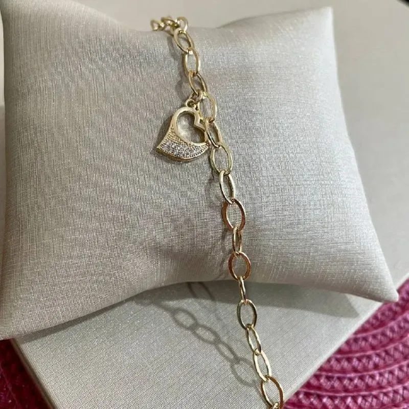 Pulseira Portuguesa com Meio Coração Cravejado