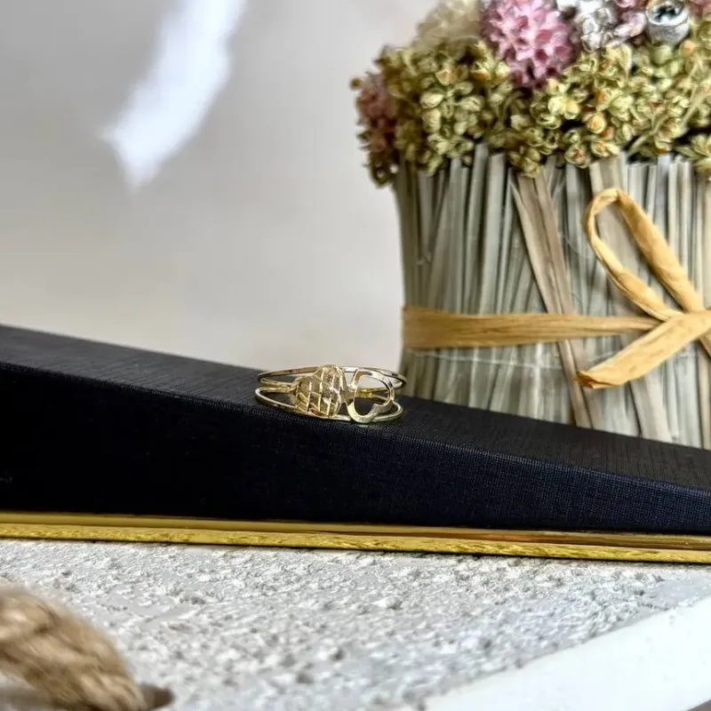Anel Dois Corações Vazado e Diamantado - Banho Ouro 18k