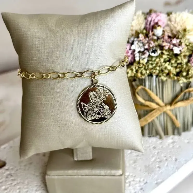 Pulseira Elos com Chapa de São Jorge - 18cm - Banho Ouro 18k