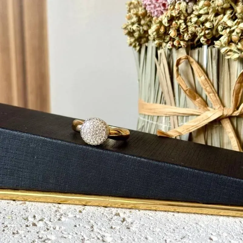 Anel Bola Chuveirinho Cravejado Cristais - Banho Ouro 18k