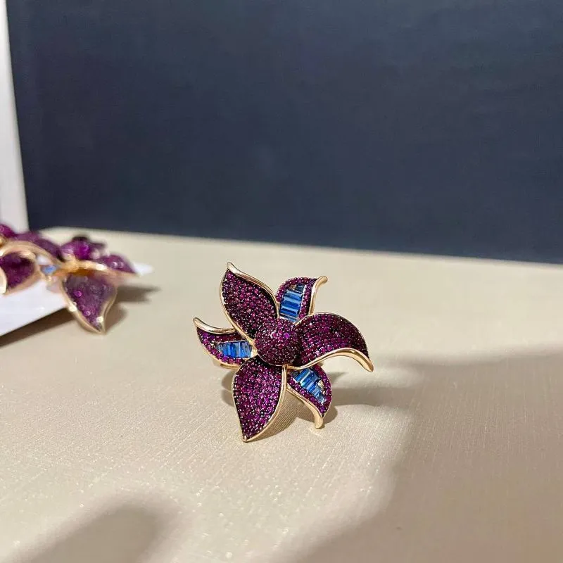 Anel Luxo Flor Fucsia Azul