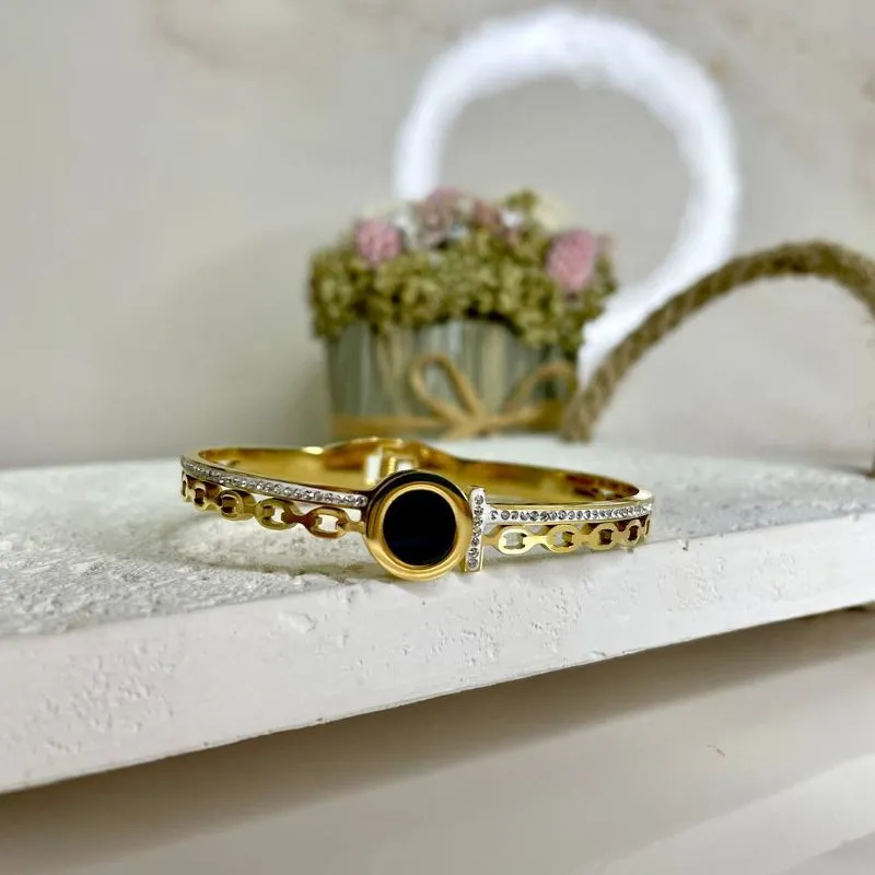 Bracelete Aço Inox Gold Cristal e Preto