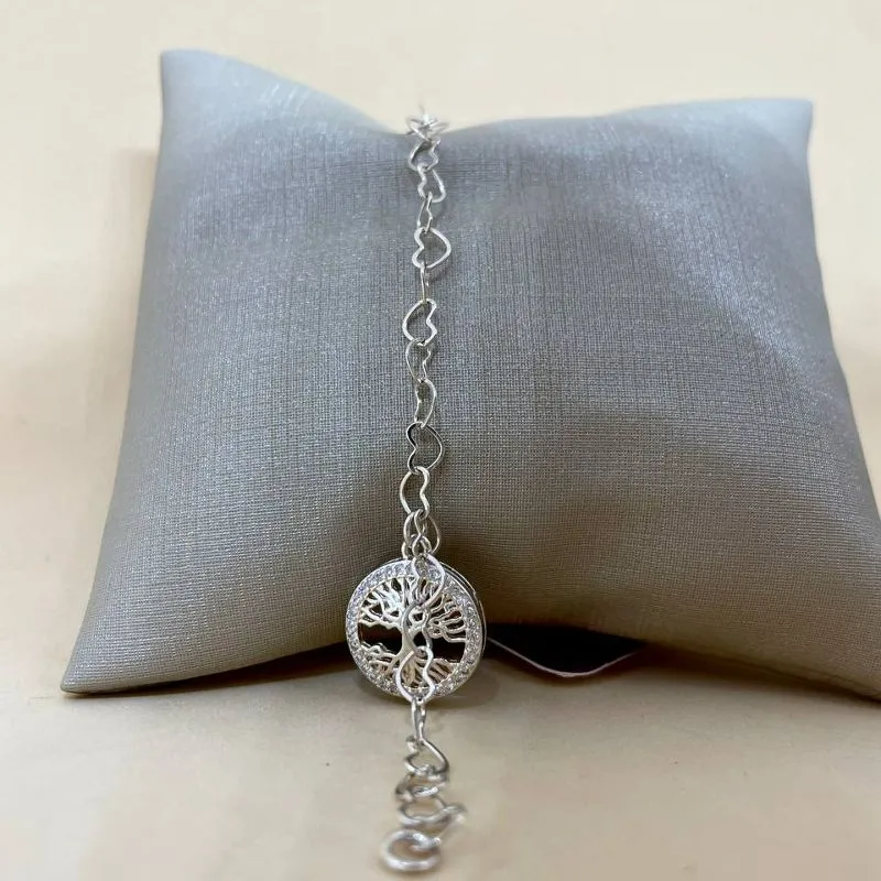 Pulseira Arvore da Vida com Elo Corações Prata