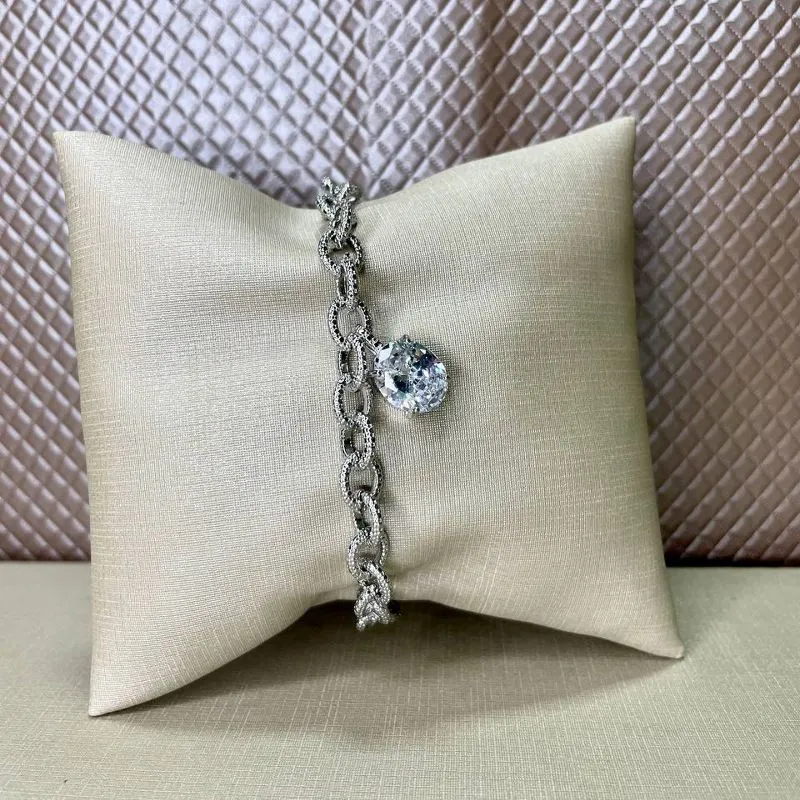 Pulseira de Elos com Detalhes Cravejados e Pedra Cristal Banho Ródio Branco