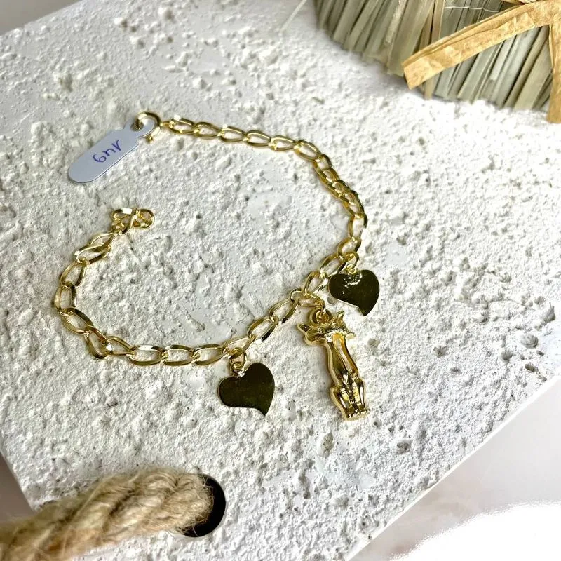 Pulseira Diamantada com Dois Corações e Gato