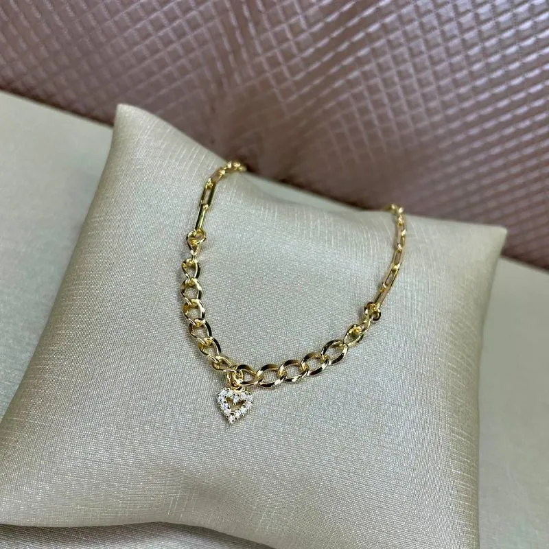 Pulseira Dois Elos com Coração Cravejado