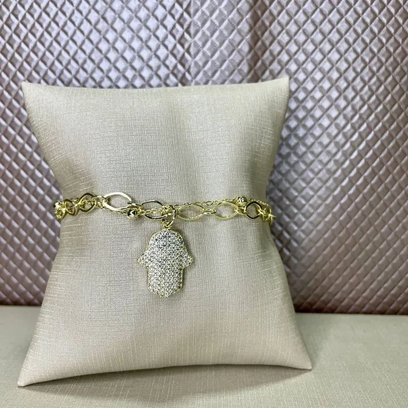 Pulseira Dupla com Pingente de Mão Hamsã Cravejado