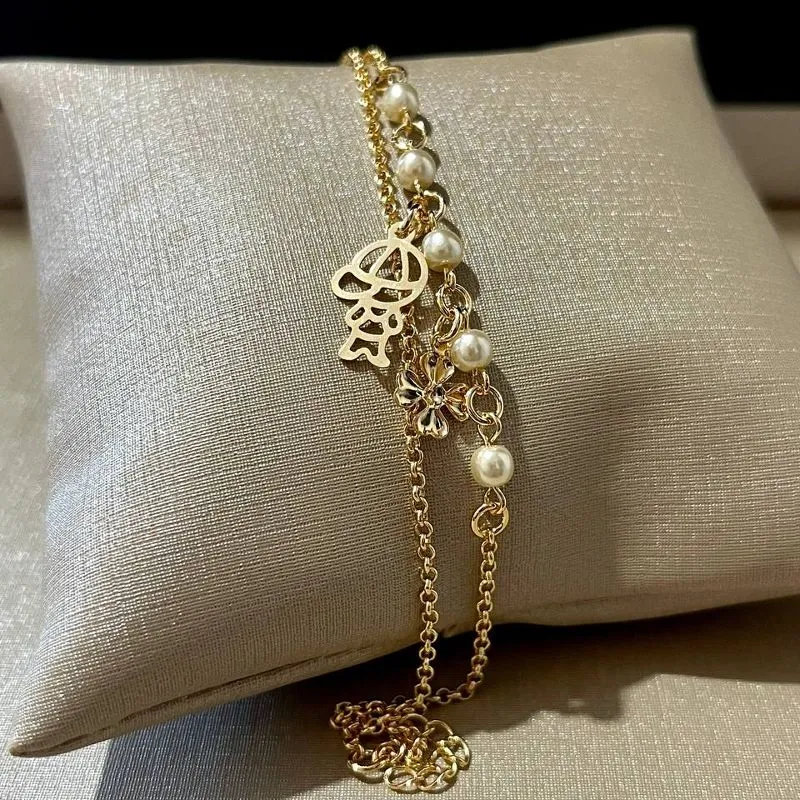 Pulseira Dupla Pérolas com Menino e Flor