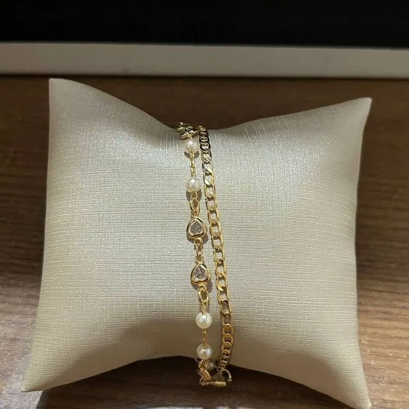 Pulseira Dupla Pérolas e Lisa