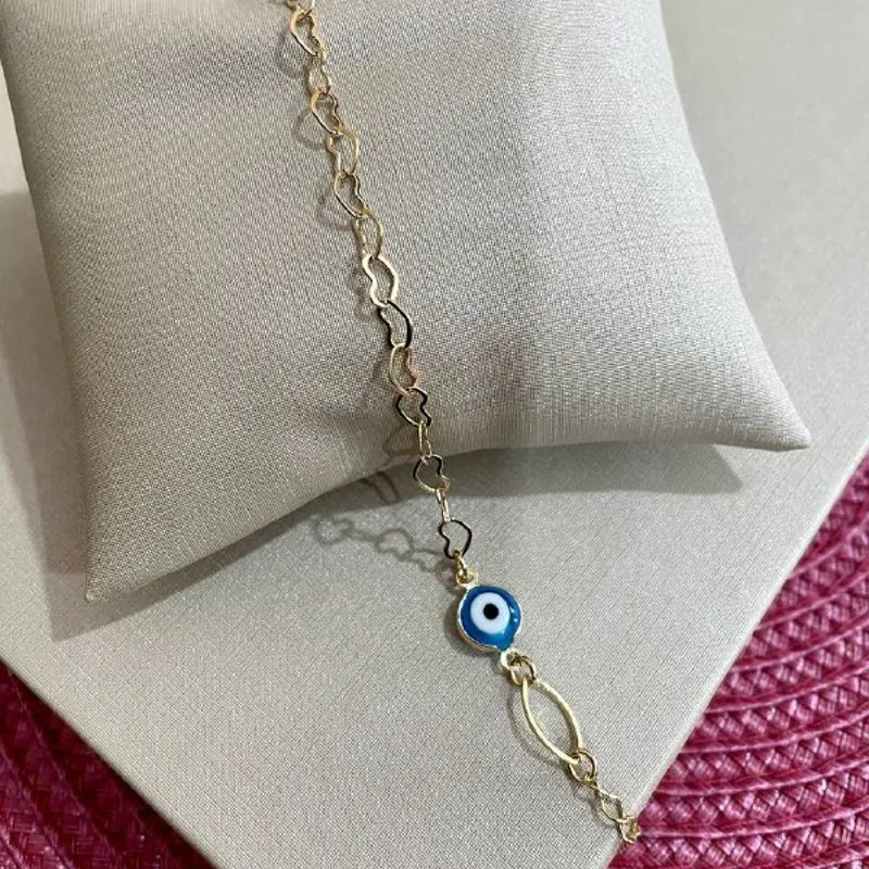 Pulseira Elo Corações com Olho Grego Azul