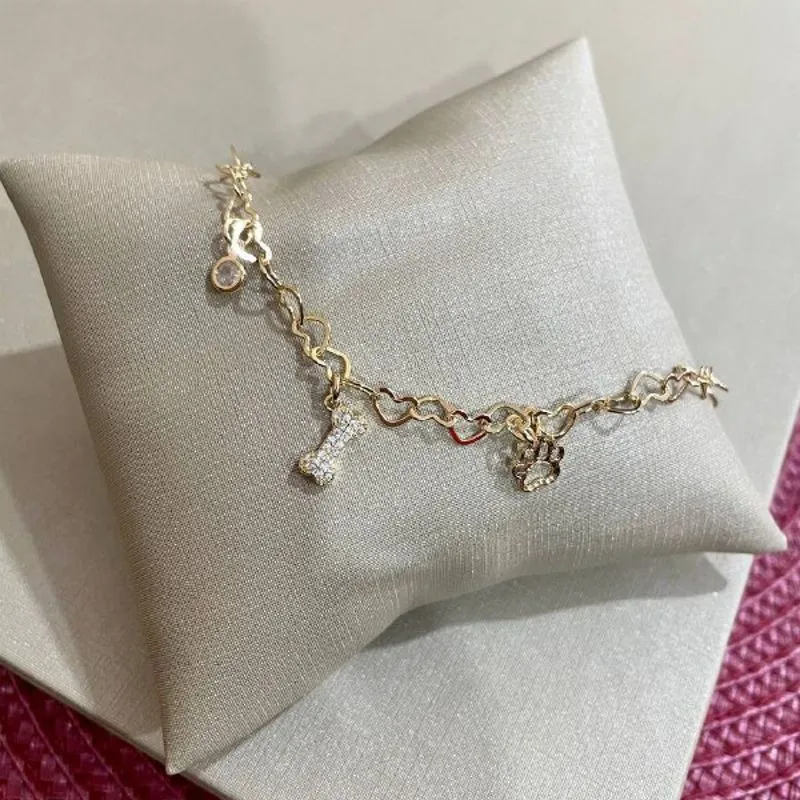 Pulseira Elo Coraçõezinhos com Ponto Luz/Osso/Pata