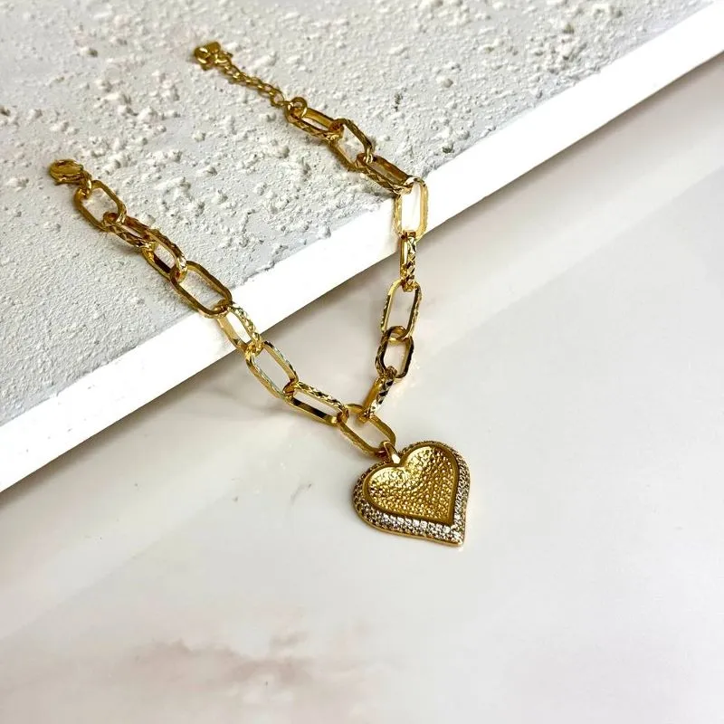 Pulseira Elos Largos com Coração Cravejado