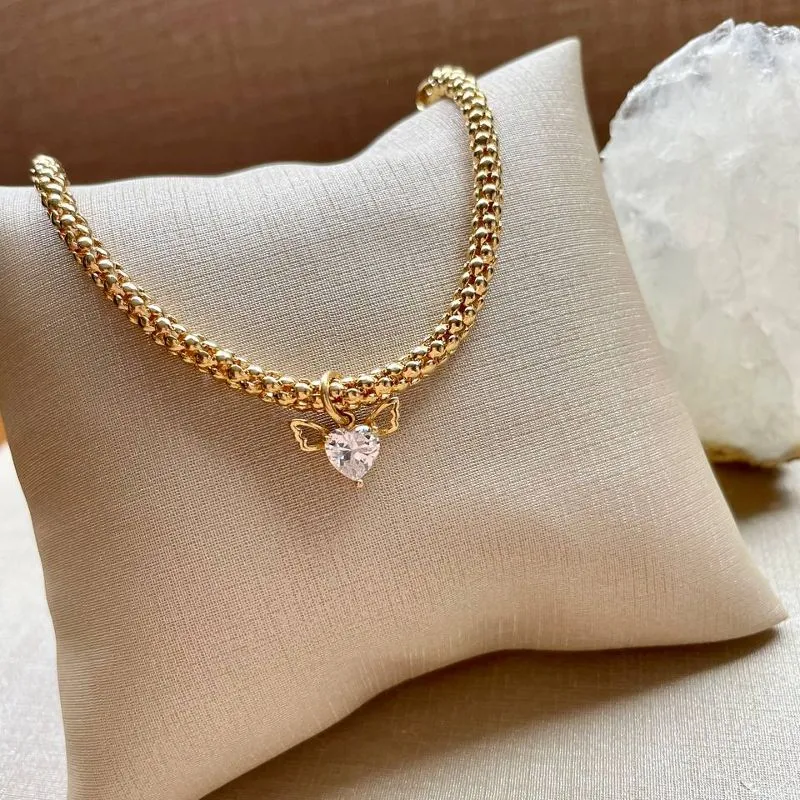 Pulseira Grossa com Cristal Coração Asa
