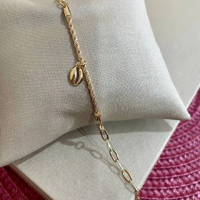 Pulseira Meia Cordão Baiano Meia Diamantada com Concha