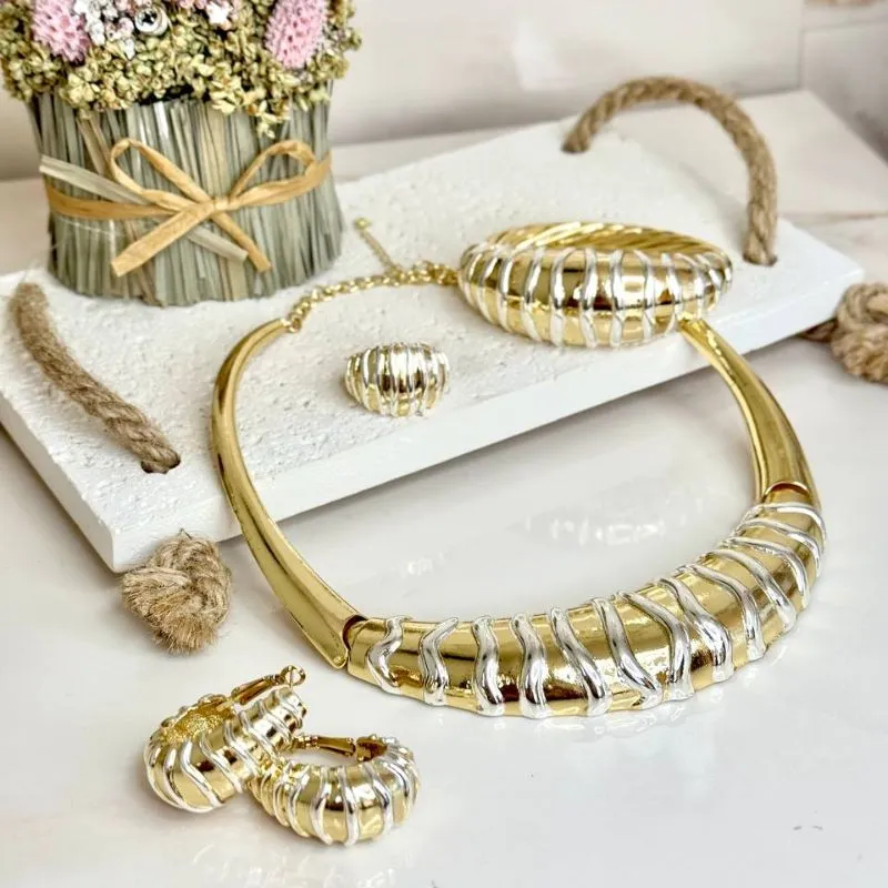 Conjunto liso com detalhes em ródio branco - luxuoso - colar - bracelete - brinco - anel
