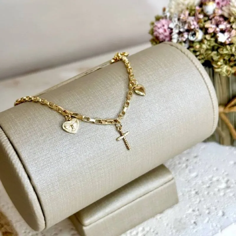 Pulseira com 2 Corações e Cruz