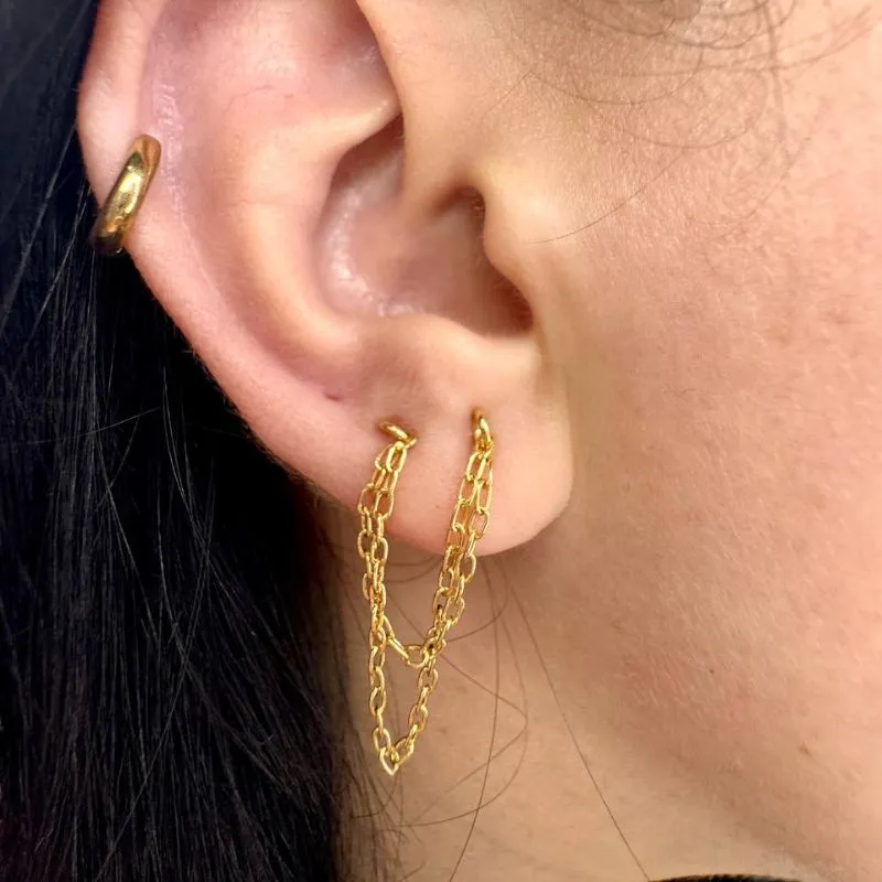 Brinco Duplo com Corrente Dupla - Banhado a Ouro 18k