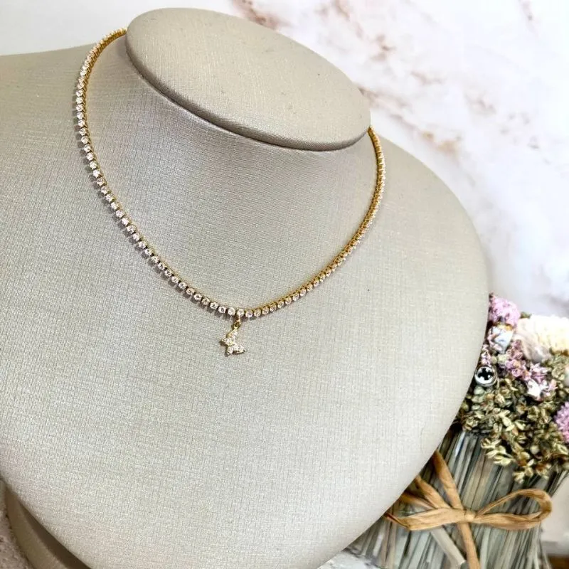 Colar Choker Riviera com Borboleta Cravejada Delicada 30cm + 5cm