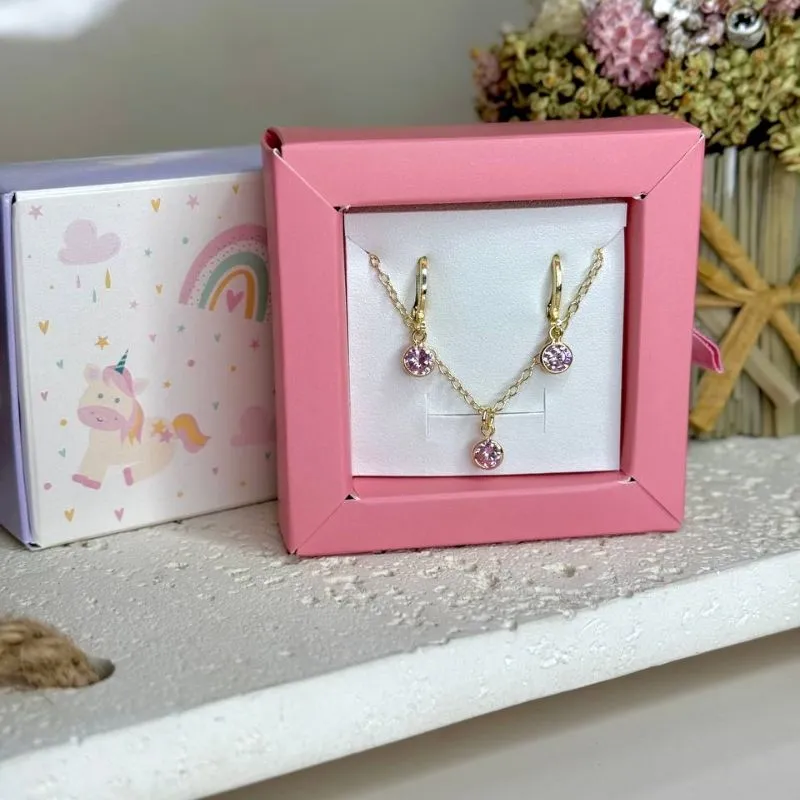 Conjunto Infantil de Brinco e Colar com Cristal Rosa