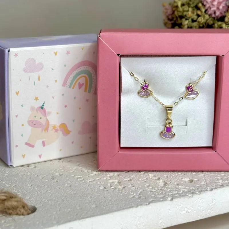 Conjunto Infantil de Vestido Lilás Esmaltado - Brinco e Colar