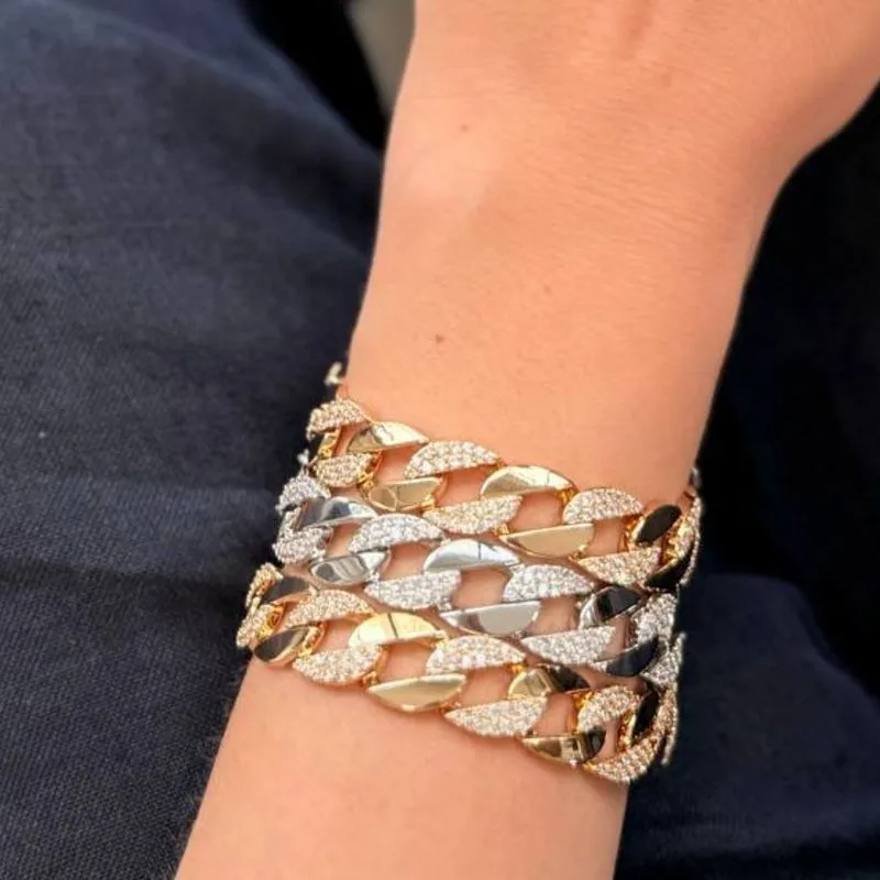 PULSEIRA GROUMET ELO LISO E ELO CRAVEJADO INTERCALADO FOLHADO A OURO